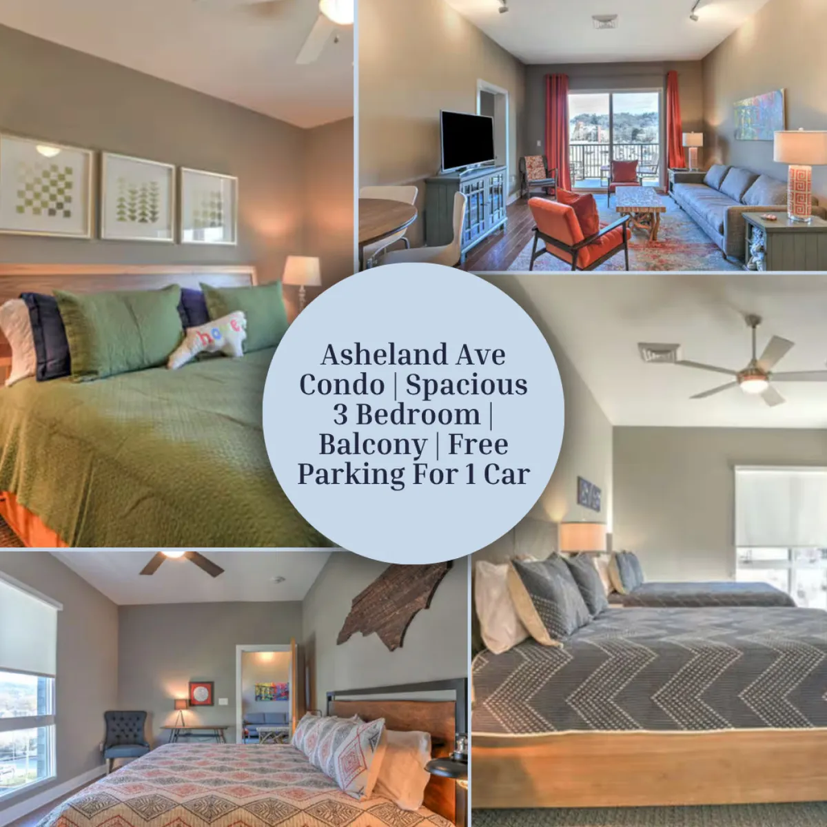 The image showcases a bright, open living space with plush beds adorned with colorful throw pillows, stylish modern furniture, and floor-to-ceiling windows that flood the room with natural light. Through the large windows, you can glimpse a private balcony perfect for enjoying Asheville's sunset views. The inviting setup is ideal for relaxing, socializing, or celebrating with friends and family.